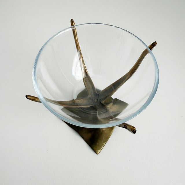 Vintage pedestal bowl, catchall, or candy dish featuring a cast bronze base with organic, handkerchief form. Atop sits a...