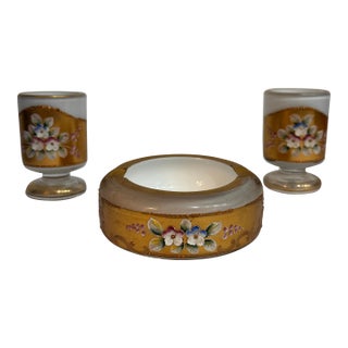 Mid-Century Bohemia Czechoslovakia Jeweled Gilt & Applied Floral Glass Set, 3 Pieces For Sale