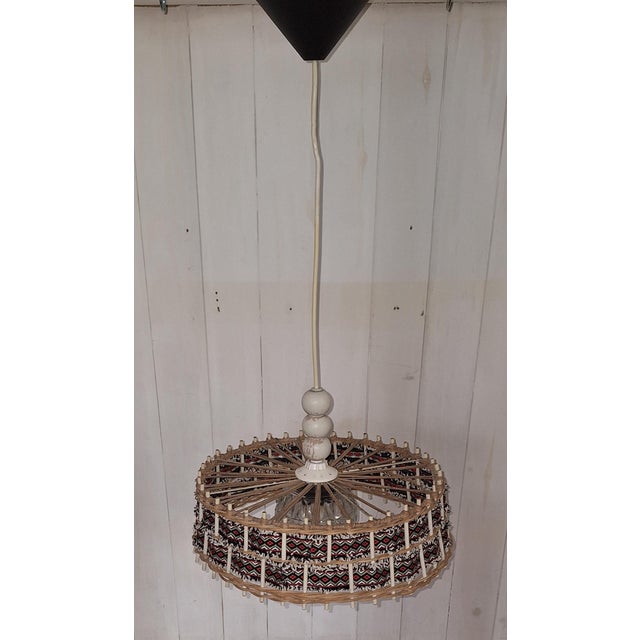 Vintage Ceiling Lamp with Clear Relief Glass Shade and Wicker Overshade with Woven Fabric Trim, 1970s For Sale - Image 4 of 7