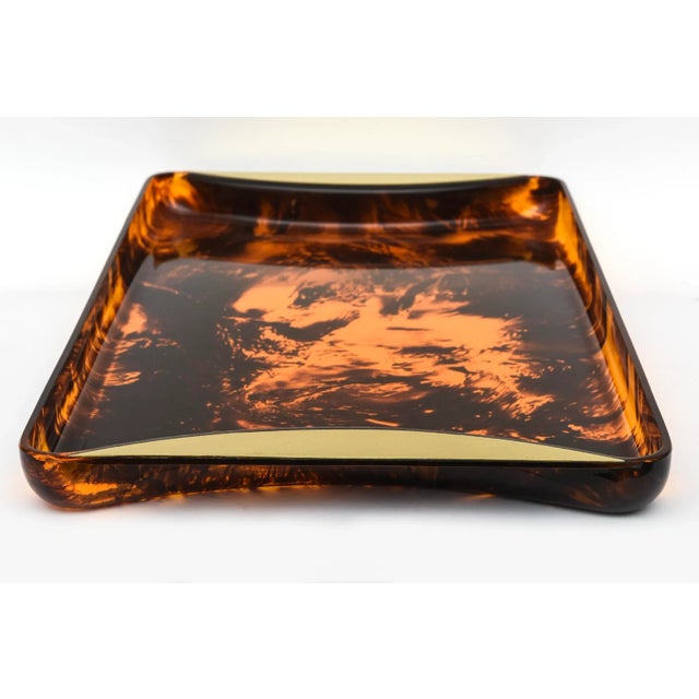 Modern Italian Rede Guzzini Large Faux Tortoise Lucite Tray With Brass Handles 1970's Restored For Sale - Image 3 of 10