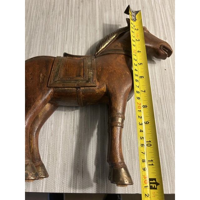 Imported Chinese Carved Horse Figurine With Vintage Brass Details. For Sale - Image 9 of 12