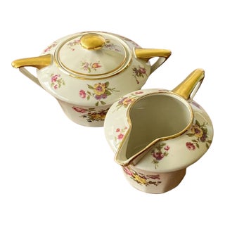 Vintage Limoges Ch Field Haviland Cream & Sugar Bowl Set, Finest French Ivory China with Rose Pattern For Sale