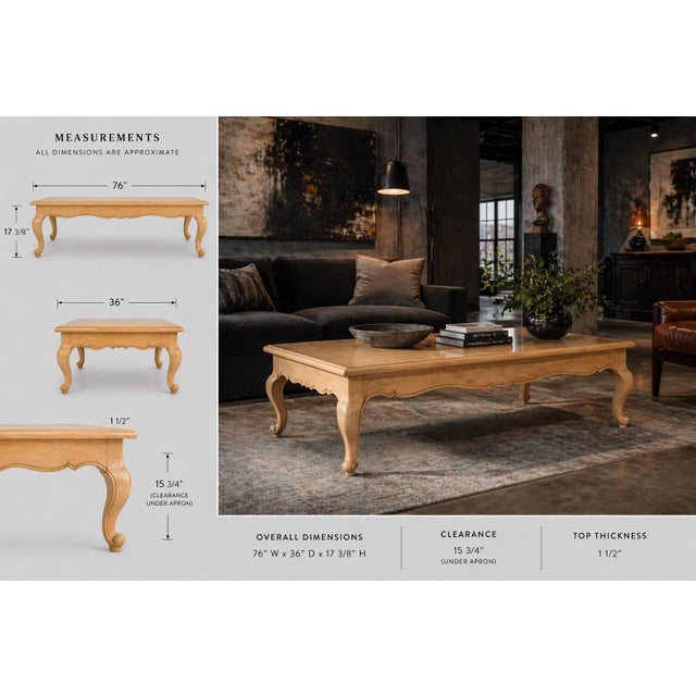 An extra-large French Provincial coffee table in its original blonde wood finish, featuring a beautifully scalloped apron...