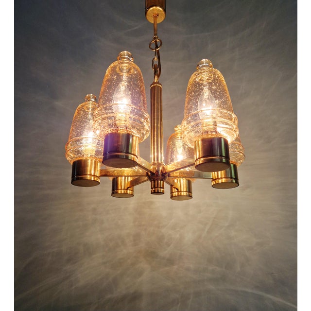 Brass Chandelier with Amber Bubble Glass Globes, 1970s For Sale - Image 4 of 18
