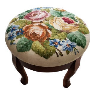 Vintage Needlepoint Bouquet Queen Anne Footstool With Mahogany Legs For Sale