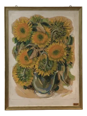 Percival Pernet, Bouquet de tournesols, Gouache on Paper, Framed
