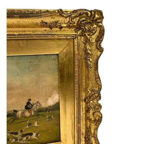 A charming pair of Victorian English fox hunting oil paintings dating to circa 1880. Each work depicts mounted huntsmen...