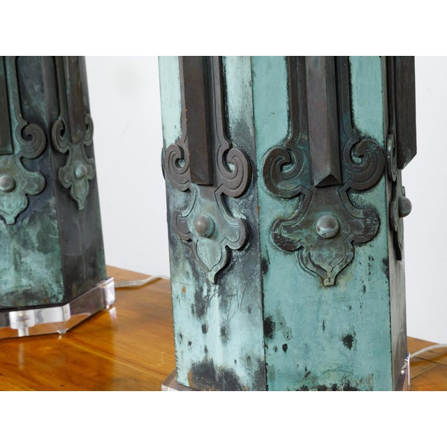 Green 19th Century French Copper Table Lamps with Verdigris Patina - Pair For Sale - Image 8 of 10