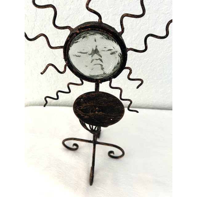 1990s 1990s Forged Iron & Glass Celestial Pillar Candle Holder For Sale - Image 5 of 5