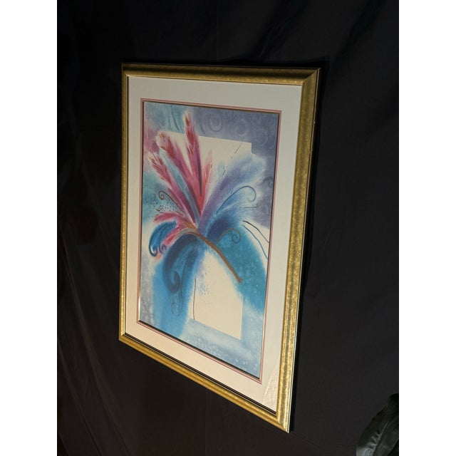 Vintage Framed Abstract Floral Artwork in Blue, Teal and Pink With Gold Frame - Signed For Sale - Image 10 of 10