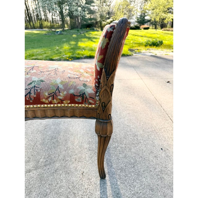 Wood Antique Karpen French Style Needlepoint Bench, Carved Wood, Floral Tapestry For Sale - Image 7 of 12