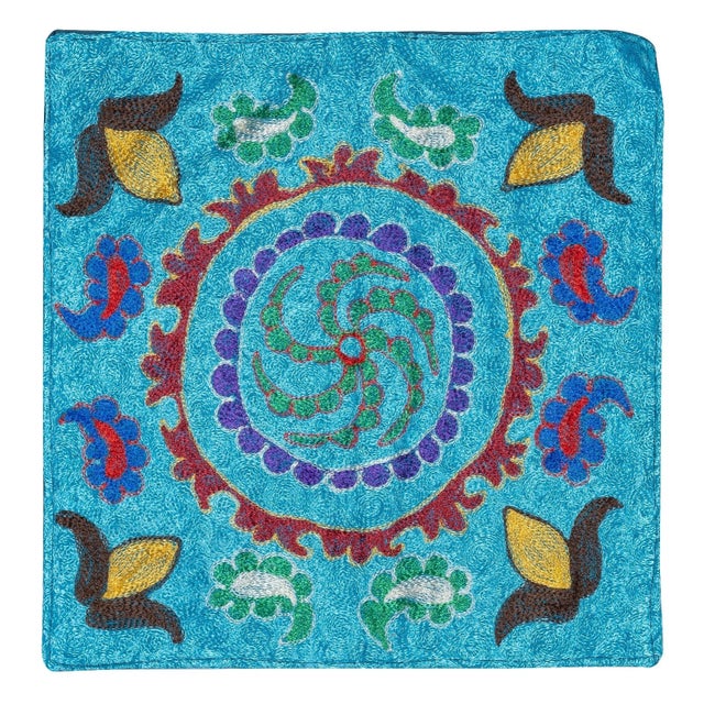15"x16" Silk Embroidery Cushion Cover. Blue Pillowcase. Needlework Lace Pillow For Sale