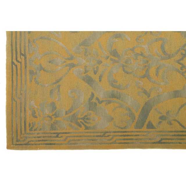 Green Handmade Needlepoint Wool & Silk Rug in Green and Gold Color With Allover Design For Sale - Image 8 of 9
