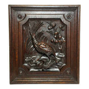 Mid 19th Century English Carved Tiger Oak Victorian Pugin Design Wall Hunting Sculpture Grouse Panel