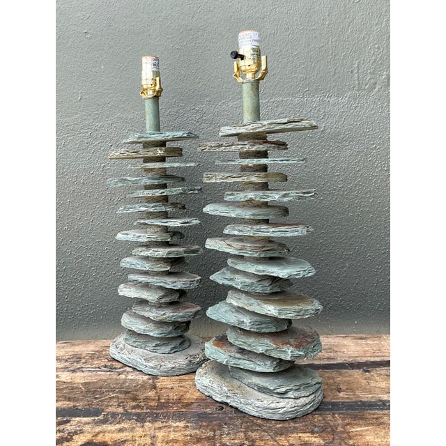 Mid-Century Modern Vintage Stacked Stone Table Lamps - Pair For Sale - Image 3 of 15