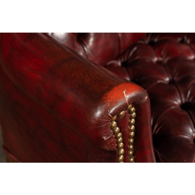 Oxblood Red Vintage Tufted Leather Wingback Chesterfield Armchair in Oxblood For Sale - Image 8 of 15