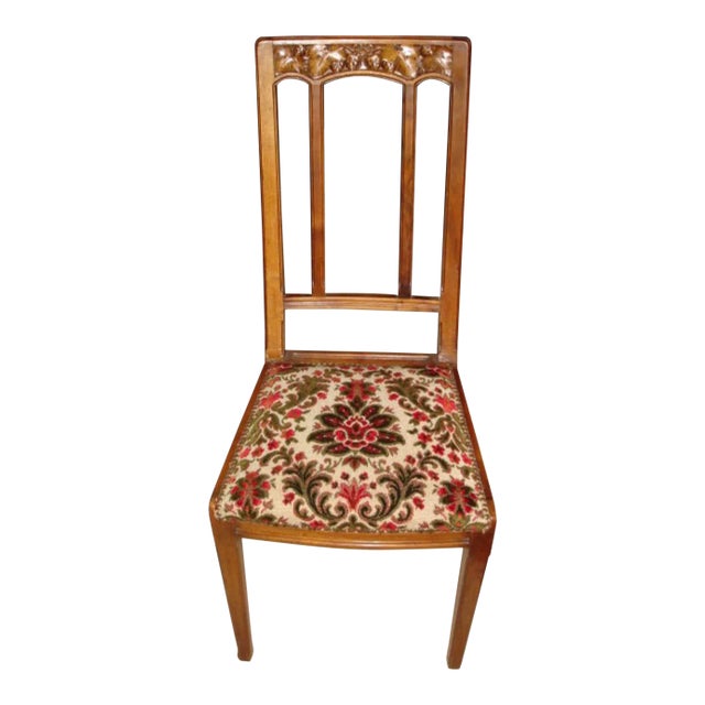 French Art Nouveau walnut set of 4 dining chairs (shown:1 of 4), original tapestry upholstery on seats , circa 1910's. Set...