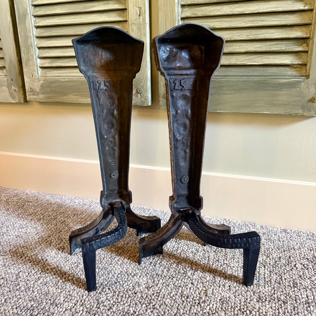 Antique Cast Iron Burnished Andirons by Ohio F & M Co. 1920s For Sale - Image 9 of 14