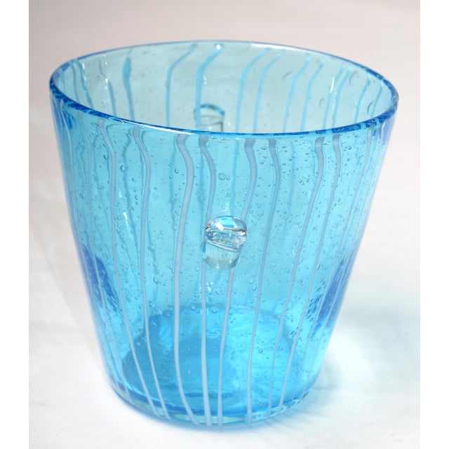 1970s Vintage Venini Style Blown Glass Light Blue White Wine Cooler Martini Ice Bucket Italy For Sale - Image 11 of 12