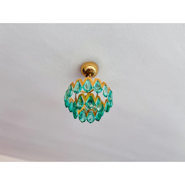 1960s Luxury Mini Brass Chandelier With Turquoise Crystal Drops, Starburst Shadow Ceiling Projection Light, Restored Antique Style Light Fixture For Sale - Image 11 of 18