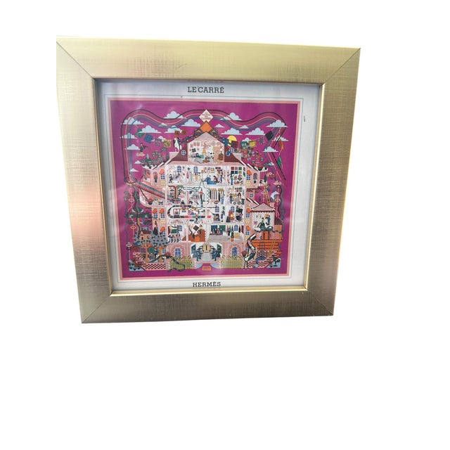 Vintage Framed Authentic Original Hermès Art Advertisement Lithograph Hermes Lithograph Art featuring a scarf with...
