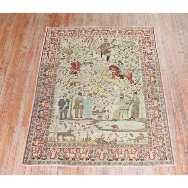 Early 20th Century Persian Tabriz Hunting Animal Pictorial Scatter Rug - 4'6" x 6' For Sale - Image 4 of 10