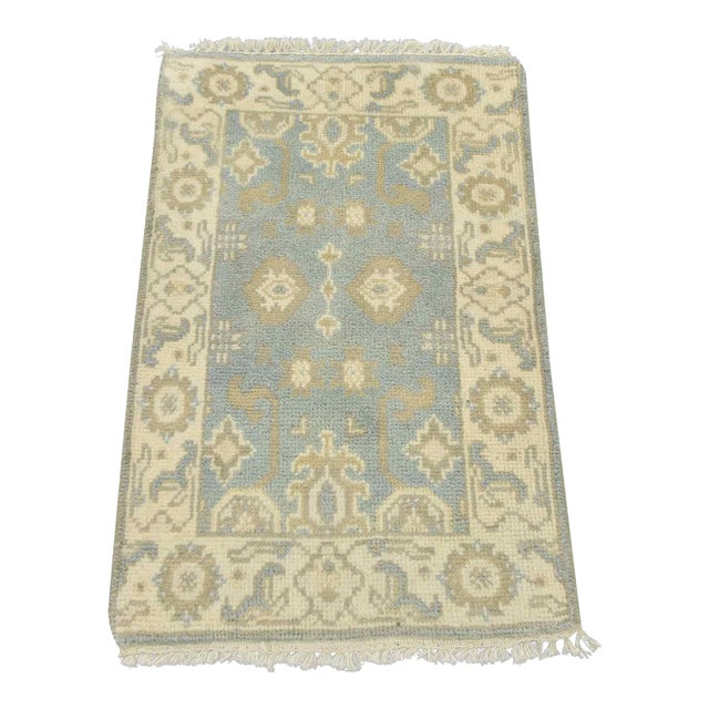 Oushak Rug 2′ X 3’1” Blue Wool Traditional Hand-Knotted Oriental Carpet For Sale