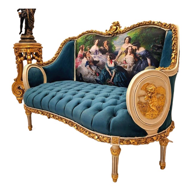 French Rococo Style Sofa – Green Velvet Upholstery, White & Gold Leaf Frame With Romantic Scenic Panel For Sale