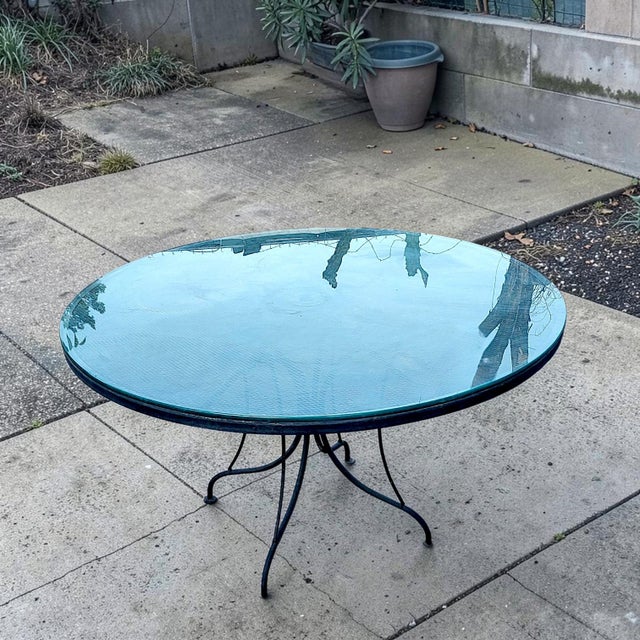 1970s 1970s Mid-Century Modern Woodard Style Black Wrought Iron Mesh and Glass Patio Dining Table For Sale - Image 5 of 6