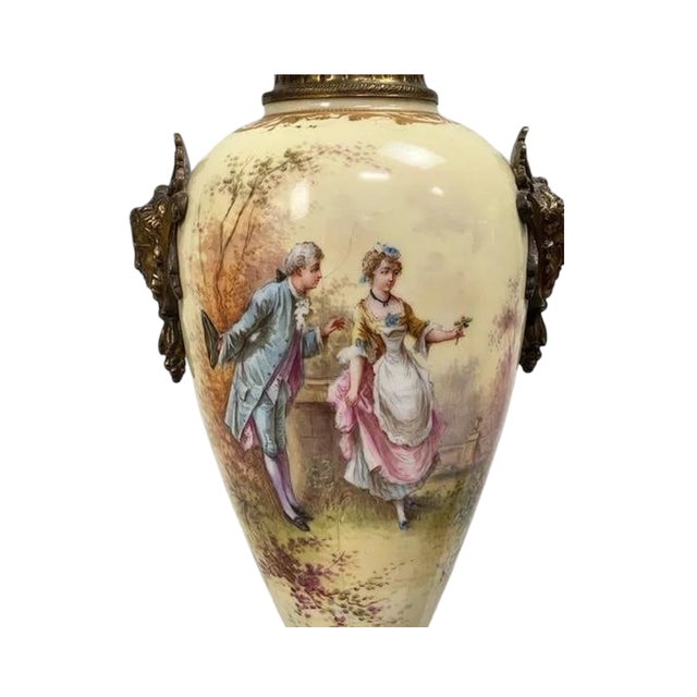 Rococo Pair of Antique French A. Daret Hand-Painted Porcelain & Gilt Bronze (Ormolu) Covered Urns With Romantic Rococo Scenes – 16" For Sale - Image 3 of 8