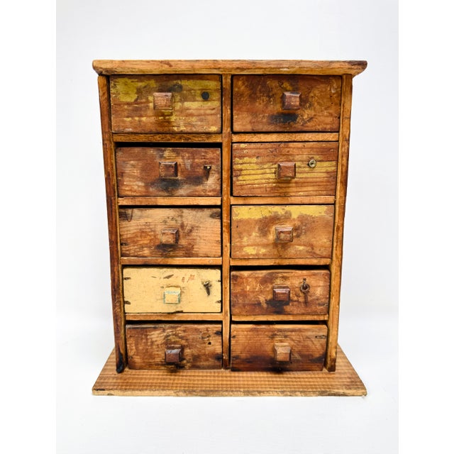 Rustic Antique Primitive Ten-Drawer Parts Cabinet, Original Paint For Sale - Image 3 of 12