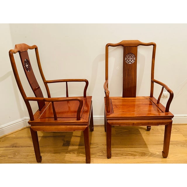 Amber Gorgeous Pair of 1960s Chinese Teak Wood Horseback Armchairs For Sale - Image 8 of 10