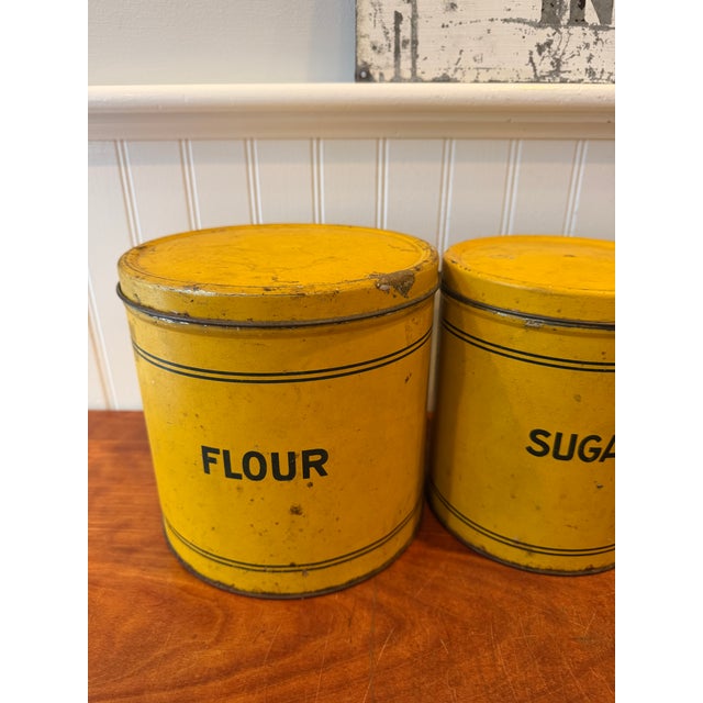 Early 20th Century Bright Yellow Enamel Flour, Sugar, Coffee & Tea Kitchen Canisters – Set of 4 For Sale - Image 15 of 17