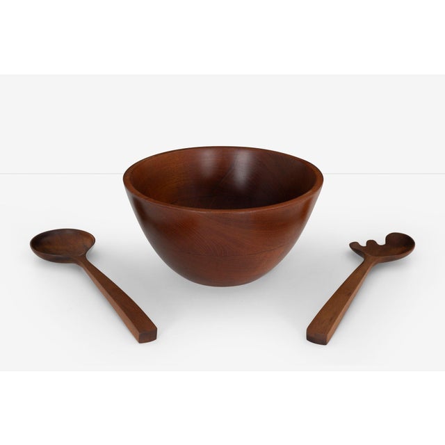 Arts & Crafts 1957 Arthur Espenet Carpenter Teak Bowl With Utensils- 3 Pieces For Sale - Image 3 of 10