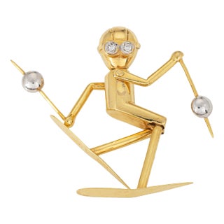 Vintage Skier Pendant Articulated Diamond Eyes 14k Yellow Gold Charm Jewelry For Sale
