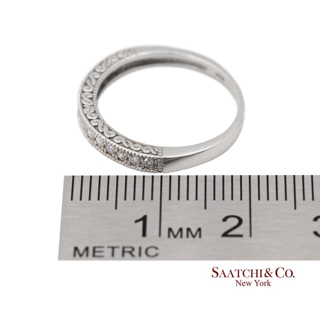 14k 585 Solid White Gold Side Engraving Milgrain Natural Diamond Band Ring, Size 6 For Sale - Image 12 of 13
