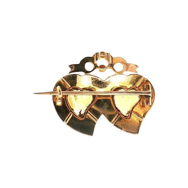 Late 19th Century Victorian Basse-Taille Enamel Topaz and Seed Pearl Double Heart Pin For Sale - Image 4 of 5
