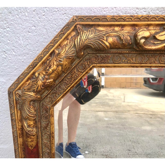 Gold Large Vintage Mid Century Red Column Gold Gilt Beveled Glass Hanging Wall Mirror For Sale - Image 8 of 11