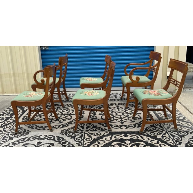 Mid-Century Modern Late 20th Century Duncan Phyfe Style Foral Needlepoint Dining Chairs- Set of 6 For Sale - Image 3 of 12