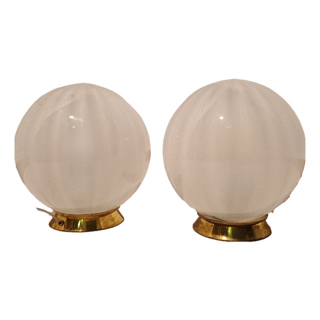 Table Lamps with Brass Base and Worked Glass, 1990s, Set of 2 For Sale