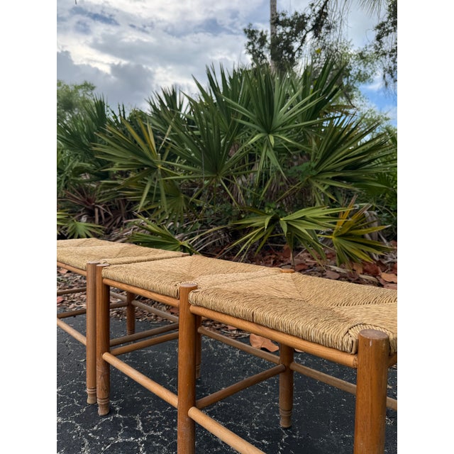French Country Vintage Pair of Handwoven Rush Seat Benches in Solid Oak – French Country Style For Sale - Image 3 of 9