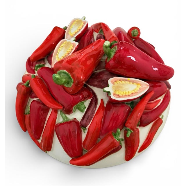Vintage Italian Painted Ceramic Red Chili Pepper Sculptural Bowl by Este Ceramiche C. E. Lidded Serving Tureen, 11.5" For Sale In Houston - Image 6 of 12
