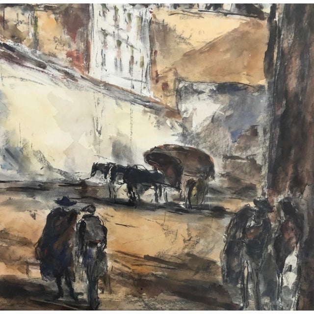 Mid 20th Century C.1950 Arturo Souto Feijoo (1901-1964) City Walls W/ Figures Original Mixed Media For Sale - Image 5 of 8