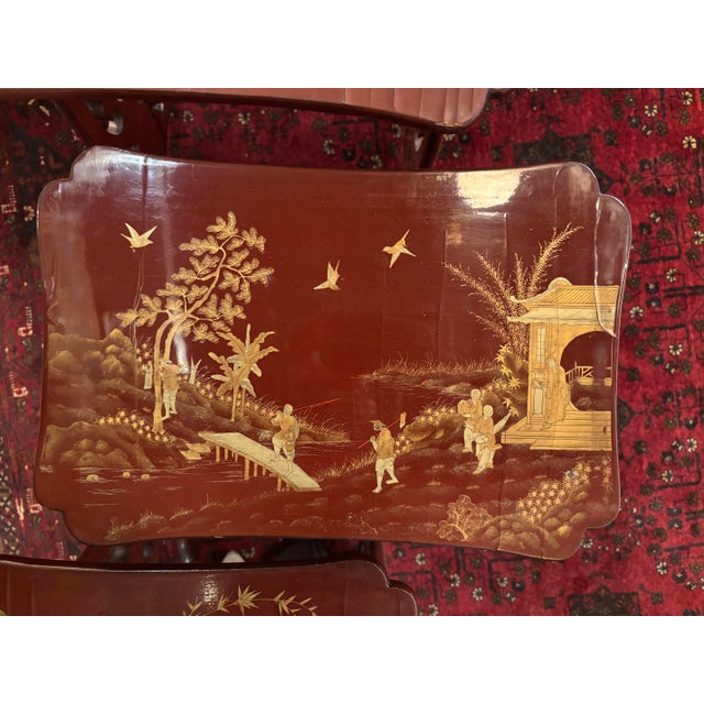Brown 19th Century Chinese Export Red Lacquer Chinoiserie Nesting Tables – Set of Three, C. 1850–1890 [Sp] For Sale - Image 8 of 12