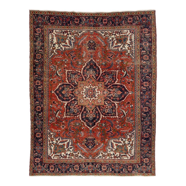 Handmade Heriz Wool Rug in Red With Rosette Motif For Sale