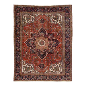 Handmade Heriz Wool Rug in Red With Rosette Motif