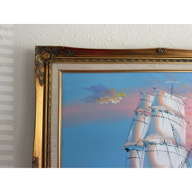 Original Marine Oil Painting Tall Ship on Open Sea Nautical Seascape Gold Frame For Sale - Image 4 of 11