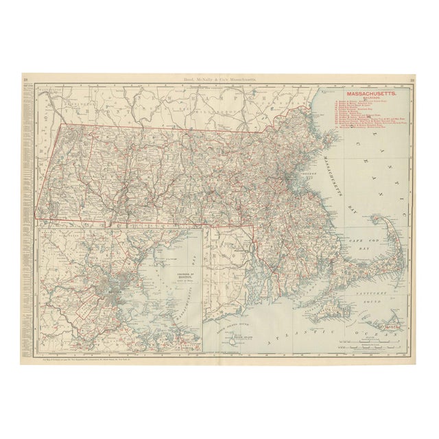 Antique Map of Massachusetts The Bay State by Ran McNally, 1899 For Sale
