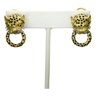 Diamond Ruby Enamel Leopard 18k Gold Door Knocker Post Clip Earrings For Sale