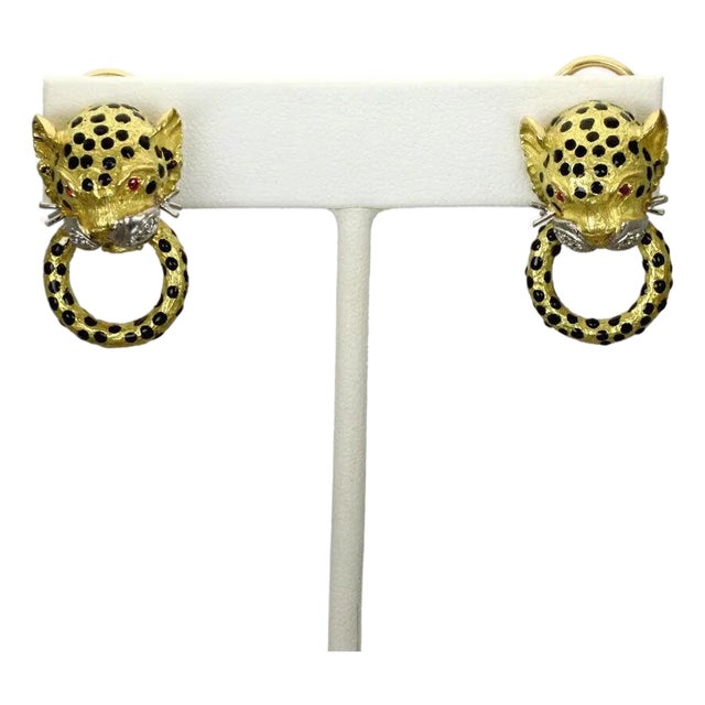 Diamond Ruby Enamel Leopard 18k Gold Door Knocker Post Clip Earrings For Sale